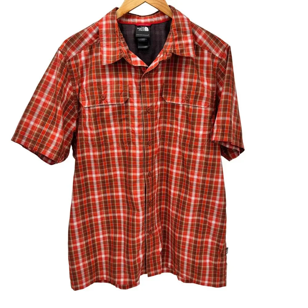 The North Face Shirt Mens Large Pine Knot‎ Orange Plaid Button Up Nylon Blend